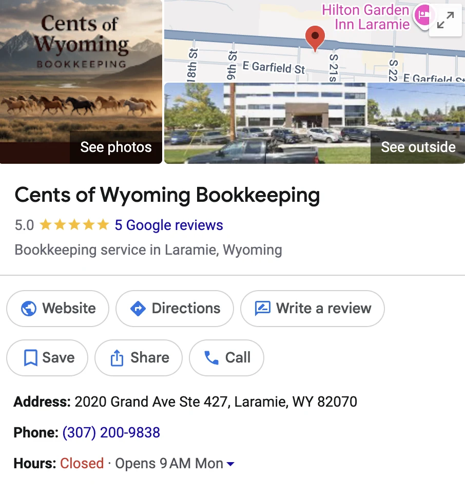 The Google Business Profile for Cents of Wyoming Bookkeeping: five stars from five Google reviews, the description Bookkeeping service in Laramie, Wyoming, buttons for website, directions and writing a review, and the Grand Avenue address, phone number and hours.