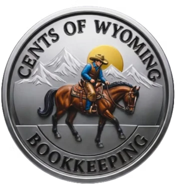 The Cents of Wyoming Bookkeeping mark: a silver badge carrying a rider on horseback in front of the mountains and a rising sun, with the business name around the rim.