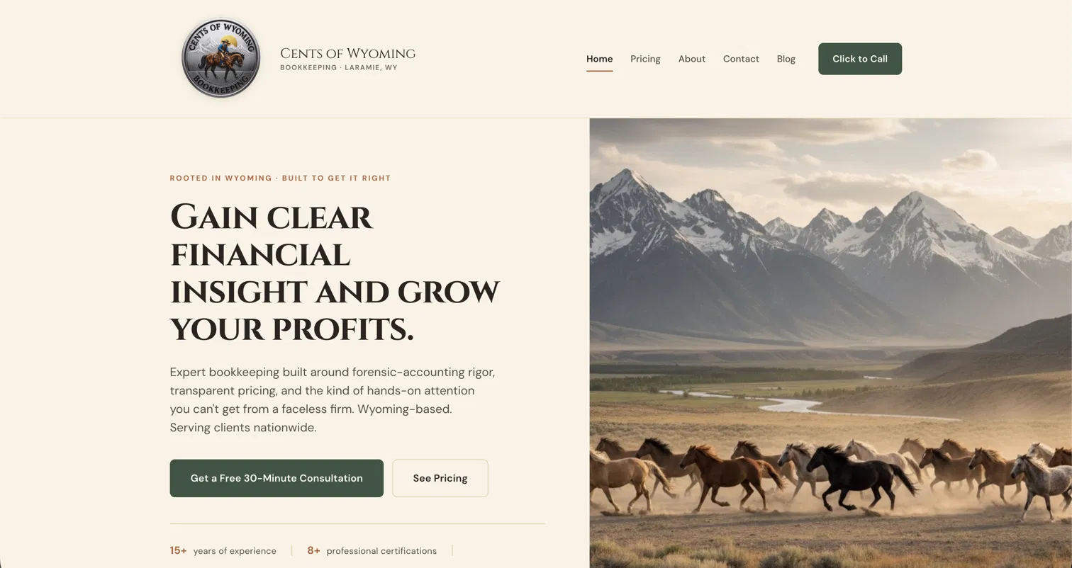 The Cents of Wyoming Bookkeeping homepage: logo and navigation above the headline Gain clear financial insight and grow your profits, beside a photograph of horses running below the Wyoming mountains.